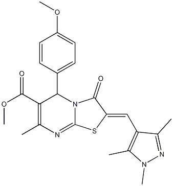 methyl 5-(4-methoxyphenyl)-7-methyl-3-oxo-2-[(1,3,5-trimethyl-1H-pyrazol-4-yl)methylene]-2,3-dihydro-5H-[1,3]thiazolo[3,2-a]pyrimidine-6-carboxylate 结构式