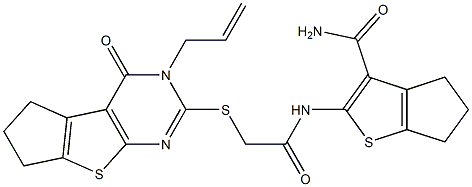 2-({[(3-allyl-4-oxo-3,5,6,7-tetrahydro-4H-cyclopenta[4,5]thieno[2,3-d]pyrimidin-2-yl)sulfanyl]acetyl}amino)-5,6-dihydro-4H-cyclopenta[b]thiophene-3-carboxamide 结构式