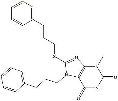 3-methyl-7-(3-phenylpropyl)-8-[(3-phenylpropyl)sulfanyl]-3,7-dihydro-1H-purine-2,6-dione 结构式