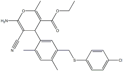 ethyl 6-amino-4-(5-{[(4-chlorophenyl)sulfanyl]methyl}-2,4-dimethylphenyl)-5-cyano-2-methyl-4H-pyran-3-carboxylate 结构式