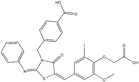 4-{[5-[4-(carboxymethoxy)-3-iodo-5-methoxybenzylidene]-4-oxo-2-(phenylimino)-1,3-thiazolidin-3-yl]methyl}benzoic acid 结构式