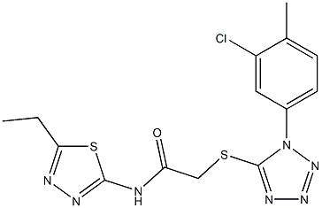2-{[1-(3-chloro-4-methylphenyl)-1H-tetraazol-5-yl]sulfanyl}-N-(5-ethyl-1,3,4-thiadiazol-2-yl)acetamide 结构式