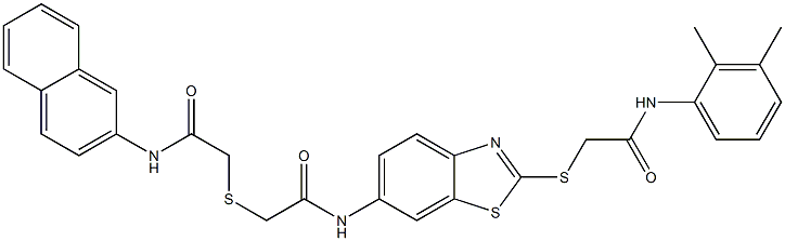 2-({2-[(2-{[2-(2,3-dimethylanilino)-2-oxoethyl]sulfanyl}-1,3-benzothiazol-6-yl)amino]-2-oxoethyl}sulfanyl)-N-(2-naphthyl)acetamide 结构式