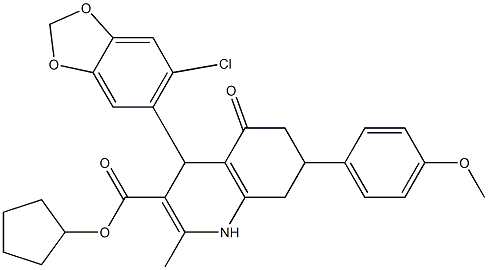 cyclopentyl 4-(6-chloro-1,3-benzodioxol-5-yl)-7-(4-methoxyphenyl)-2-methyl-5-oxo-1,4,5,6,7,8-hexahydro-3-quinolinecarboxylate 结构式