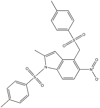 5-nitro-2-methyl-1-[(4-methylphenyl)sulfonyl]-4-{[(4-methylphenyl)sulfonyl]methyl}-1H-indole 结构式