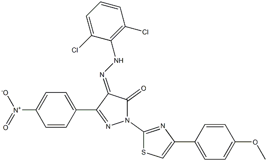 1-[4-(4-methoxyphenyl)-1,3-thiazol-2-yl]-3-(4-nitrophenyl)-1H-pyrazole-4,5-dione 4-[N-(2,6-dichlorophenyl)hydrazone] 结构式