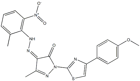 1-[4-(4-methoxyphenyl)-1,3-thiazol-2-yl]-3-methyl-1H-pyrazole-4,5-dione 4-[N-(2-methyl-6-nitrophenyl)hydrazone] 结构式