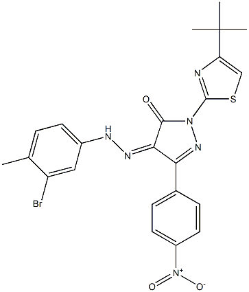 1-[4-(tert-butyl)-1,3-thiazol-2-yl]-3-(4-nitrophenyl)-1H-pyrazole-4,5-dione 4-[N-(3-bromo-4-methylphenyl)hydrazone] 结构式