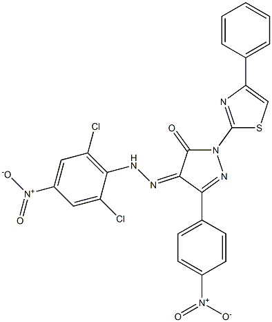 3-(4-nitrophenyl)-1-(4-phenyl-1,3-thiazol-2-yl)-1H-pyrazole-4,5-dione 4-[N-(2,6-dichloro-4-nitrophenyl)hydrazone] 结构式