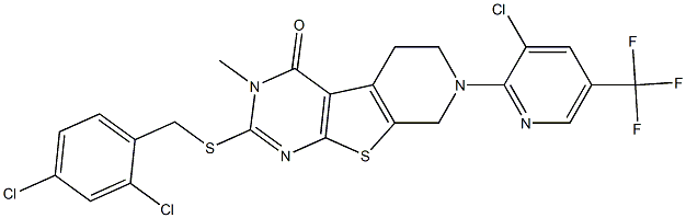 7-[3-chloro-5-(trifluoromethyl)-2-pyridinyl]-2-[(2,4-dichlorobenzyl)sulfanyl]-3-methyl-5,6,7,8-tetrahydropyrido[4',3':4,5]thieno[2,3-d]pyrimidin-4(3H)-one 结构式