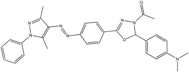 4-Acetyl-5-[4-(dimethylamino)phenyl]-4,5-dihydro-2-[4-[(3,5-dimethyl-1-phenyl-1H-pyrazol-4-yl)azo]phenyl]-1,3,4-oxadiazole 结构式