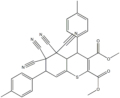 4,7-Bis(p-methylphenyl)-5,5,6,6-tetracyano-4a,5,6,7-tetrahydro-4H-1-benzothiopyran-2,3-dicarboxylic acid dimethyl ester 结构式