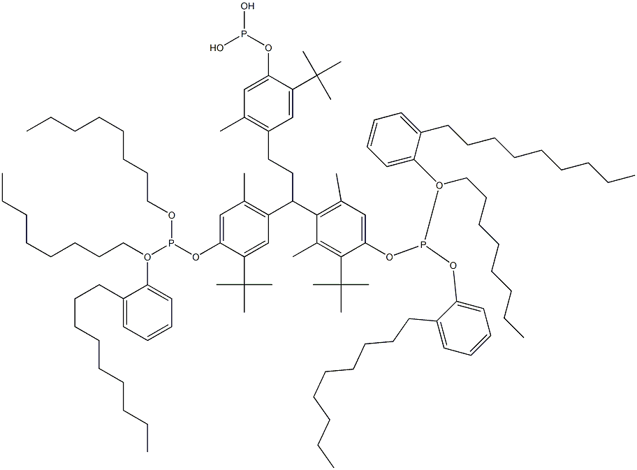 [3-Methyl-1,1,3-propanetriyltris(2-tert-butyl-5-methyl-4,1-phenyleneoxy)]tris(phosphonous acid)O,O',O''-trioctyl O,O',O''-tris(2-nonylphenyl) ester 结构式