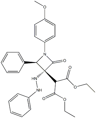 2-[(3R,4R)-3-(2-Phenylhydrazino)-1-(4-methoxyphenyl)-2-oxo-4-phenylazetidin-3-yl]malonic acid diethyl ester 结构式