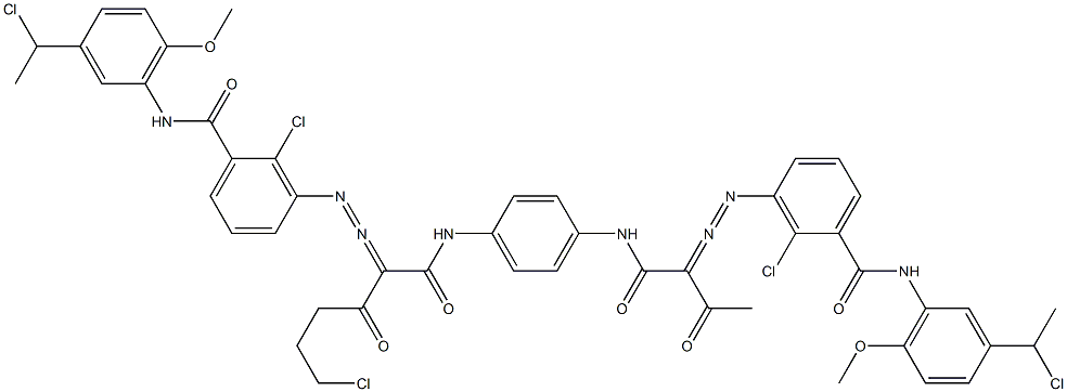 3,3'-[2-(2-Chloroethyl)-1,4-phenylenebis[iminocarbonyl(acetylmethylene)azo]]bis[N-[3-(1-chloroethyl)-6-methoxyphenyl]-2-chlorobenzamide] 结构式