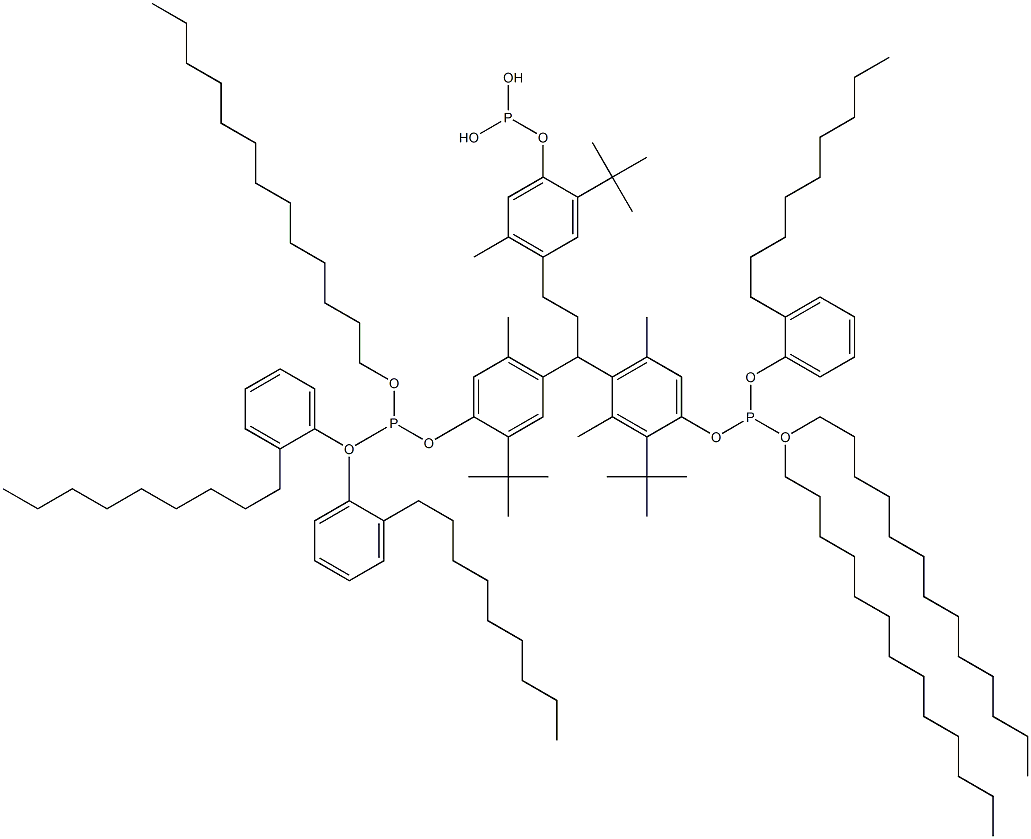 [3-Methyl-1,1,3-propanetriyltris(2-tert-butyl-5-methyl-4,1-phenyleneoxy)]tris(phosphonous acid)O,O',O'-tritridecyl O,O'',O''-tris(2-nonylphenyl) ester 结构式