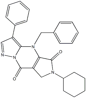 6-Cyclohexyl-6,7-dihydro-4-benzyl-3-phenyl-4H-1,4,6,8a-tetraaza-s-indacene-5,8-dione 结构式
