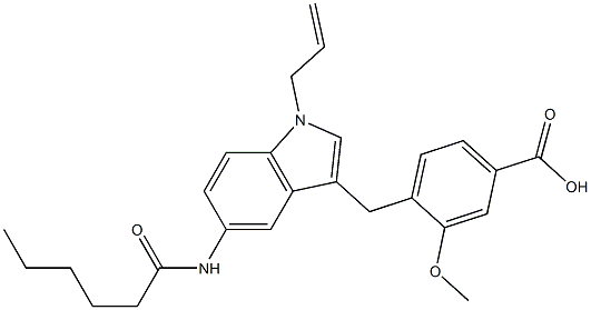 4-[5-Hexanoylamino-1-(2-propenyl)-1H-indol-3-ylmethyl]-3-methoxybenzoic acid 结构式