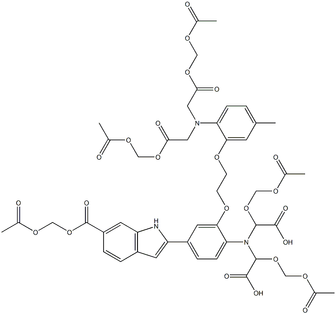 2-[4-[Bis[(acetoxymethoxy)carboxymethyl]amino]-3-[2-[2-[bis[(acetoxymethoxy)carbonylmethyl]amino]-5-methylphenoxy]ethoxy]phenyl]-1H-indole-6-carboxylic acid 6-acetoxymethyl ester 结构式