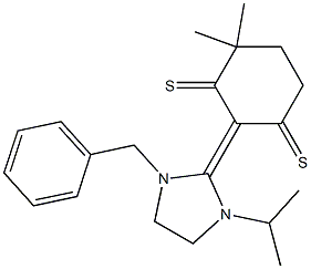 4,4-Dimethyl-2-[(1-benzyl-3-isopropyltetrahydro-1H-imidazol)-2-ylidene]cyclohexane-1,3-dithione 结构式