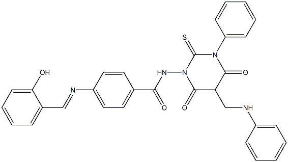 4-(2-Hydroxybenzylideneamino)-N-[[hexahydro-4,6-dioxo-2-thioxo-3-(phenyl)-5-(phenylaminomethyl)pyrimidin]-1-yl]benzamide 结构式