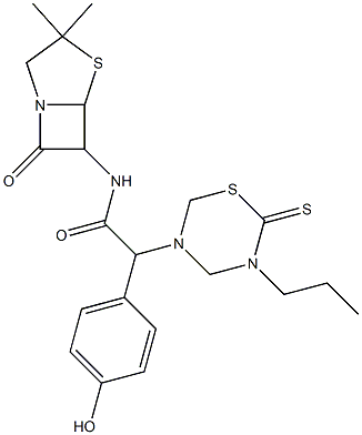 7-Oxo-3,3-dimethyl-6-[[[(tetrahydro-2-thioxo-3-propyl-2H-1,3,5-thiadiazin)-5-yl](4-hydroxyphenyl)acetyl]amino]-4-thia-1-azabicyclo[3.2.0]heptane 结构式