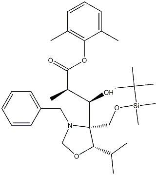 3-[(4S,5S)-N-BENZYL-4-(T-BUTYLDIMETHYLSILYLOXYMETHYL)-5-ISOPROPYLOXAZOLIDIN-4-YL]-(2R,3R)-3-HYDROXY-2-METHYLPROPIONIC ACID, 2,6-DIMETHYLPHENYL ESTER 结构式