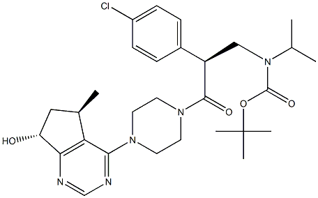 tert-butyl (S)-2-(4-chlorophenyl)-3-(4-((5R,7R)-6,7-dihydro-7-hydroxy-5-methyl-5H-cyclopenta[d]pyrimidin-4-yl)piperazin-1-yl)-3-oxopropylisopropylcarbamate 结构式
