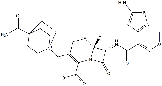 (6R,7R)-7-[[(2Z)-2-(5-amino-1,2,4-thiadiazol-3-yl)-2-methoxyimino-acetyl]amino]-3-[(4-carbamoyl-1-azoniabicyclo[2.2.2]oct-1-yl)methyl]-8-oxo-5-thia-1-azabicyclo[4.2.0]oct-2-ene-2-carboxylate 结构式