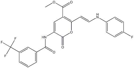 methyl 6-[(E)-2-(4-fluoroanilino)ethenyl]-2-oxo-3-{[3-(trifluoromethyl)benzoyl]amino}-2H-pyran-5-carboxylate 结构式