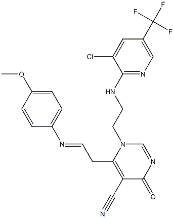 1-(2-{[3-chloro-5-(trifluoromethyl)-2-pyridinyl]amino}ethyl)-6-{2-[(4-methoxyphenyl)imino]ethyl}-4-oxo-1,4-dihydro-5-pyrimidinecarbonitrile 结构式