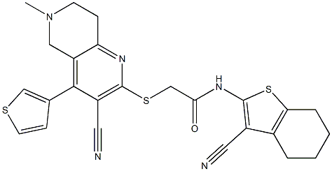 2-{[3-cyano-6-methyl-4-(3-thienyl)-5,6,7,8-tetrahydro[1,6]naphthyridin-2-yl]sulfanyl}-N-(3-cyano-4,5,6,7-tetrahydro-1-benzothiophen-2-yl)acetamide 结构式