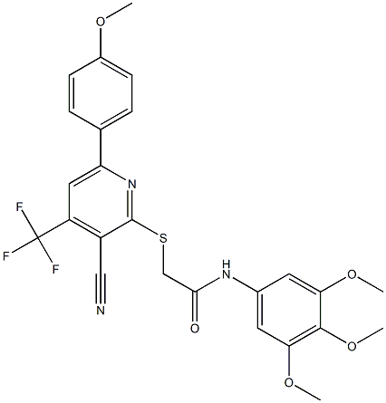 2-{[3-cyano-6-(4-methoxyphenyl)-4-(trifluoromethyl)-2-pyridinyl]sulfanyl}-N-(3,4,5-trimethoxyphenyl)acetamide 结构式