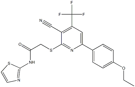 2-{[3-cyano-6-(4-ethoxyphenyl)-4-(trifluoromethyl)-2-pyridinyl]sulfanyl}-N-(1,3-thiazol-2-yl)acetamide 结构式