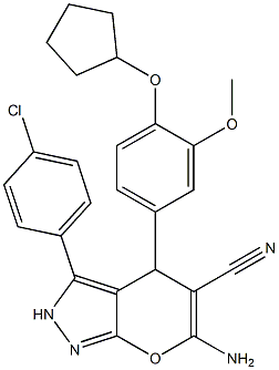 6-amino-3-(4-chlorophenyl)-4-[4-(cyclopentyloxy)-3-methoxyphenyl]-2,4-dihydropyrano[2,3-c]pyrazole-5-carbonitrile 结构式