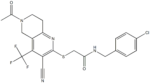 2-{[6-acetyl-3-cyano-4-(trifluoromethyl)-5,6,7,8-tetrahydro[1,6]naphthyridin-2-yl]sulfanyl}-N-(4-chlorobenzyl)acetamide 结构式