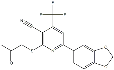 6-(1,3-benzodioxol-5-yl)-2-[(2-oxopropyl)sulfanyl]-4-(trifluoromethyl)nicotinonitrile 结构式