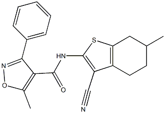 N-(3-cyano-6-methyl-4,5,6,7-tetrahydro-1-benzothien-2-yl)-5-methyl-3-phenyl-4-isoxazolecarboxamide 结构式