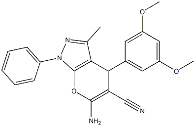 6-amino-4-[3,5-bis(methyloxy)phenyl]-3-methyl-1-phenyl-1,4-dihydropyrano[2,3-c]pyrazole-5-carbonitrile 结构式