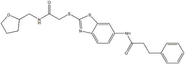 N-[2-({2-oxo-2-[(tetrahydro-2-furanylmethyl)amino]ethyl}sulfanyl)-1,3-benzothiazol-6-yl]-3-phenylpropanamide 结构式