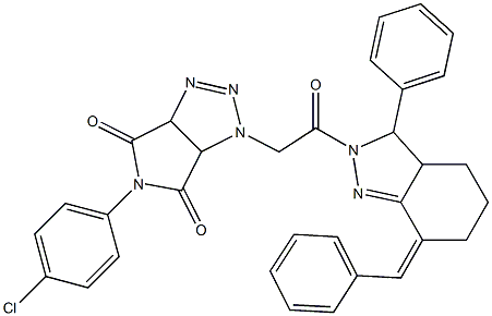 1-[2-(7-benzylidene-3-phenyl-3,3a,4,5,6,7-hexahydro-2H-indazol-2-yl)-2-oxoethyl]-5-(4-chlorophenyl)-3a,6a-dihydropyrrolo[3,4-d][1,2,3]triazole-4,6(1H,5H)-dione 结构式