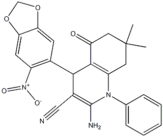 2-amino-4-{6-nitro-1,3-benzodioxol-5-yl}-7,7-dimethyl-5-oxo-1-phenyl-1,4,5,6,7,8-hexahydro-3-quinolinecarbonitrile 结构式