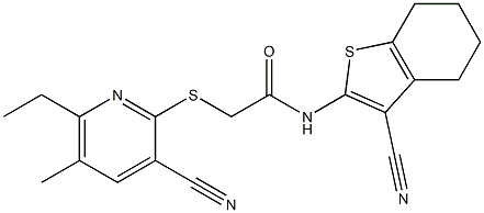 2-[(3-cyano-6-ethyl-5-methyl-2-pyridinyl)sulfanyl]-N-(3-cyano-4,5,6,7-tetrahydro-1-benzothien-2-yl)acetamide 结构式