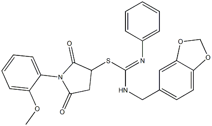 1-(2-methoxyphenyl)-2,5-dioxo-3-pyrrolidinyl N-(1,3-benzodioxol-5-ylmethyl)-N'-phenylimidothiocarbamate 结构式
