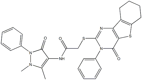 N-(1,5-dimethyl-3-oxo-2-phenyl-2,3-dihydro-1H-pyrazol-4-yl)-2-[(4-oxo-3-phenyl-3,4,6,7,8,9-hexahydro[1]benzothieno[3,2-d]pyrimidin-2-yl)sulfanyl]acetamide 结构式