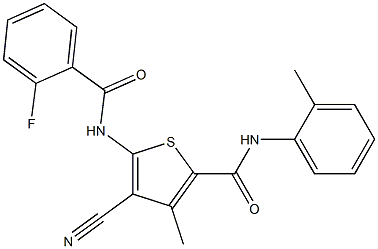4-cyano-5-{[(2-fluorophenyl)carbonyl]amino}-3-methyl-N-(2-methylphenyl)thiophene-2-carboxamide 结构式