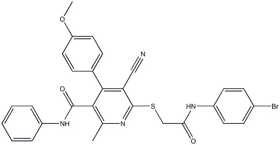 6-{[2-(4-bromoanilino)-2-oxoethyl]sulfanyl}-5-cyano-4-(4-methoxyphenyl)-2-methyl-N-phenylnicotinamide 结构式