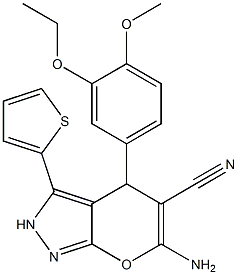 6-amino-4-(3-ethoxy-4-methoxyphenyl)-3-(2-thienyl)-2,4-dihydropyrano[2,3-c]pyrazole-5-carbonitrile 结构式