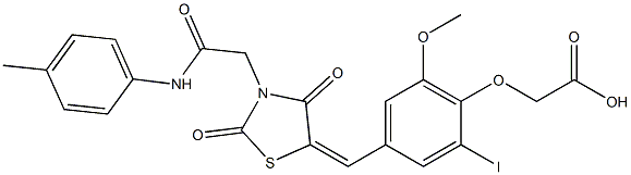 [4-({2,4-dioxo-3-[2-oxo-2-(4-toluidino)ethyl]-1,3-thiazolidin-5-ylidene}methyl)-2-iodo-6-methoxyphenoxy]acetic acid 结构式