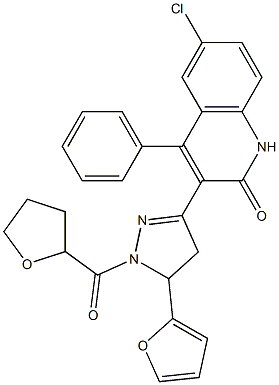 6-chloro-3-[5-(2-furyl)-1-(tetrahydro-2-furanylcarbonyl)-4,5-dihydro-1H-pyrazol-3-yl]-4-phenyl-2(1H)-quinolinone 结构式